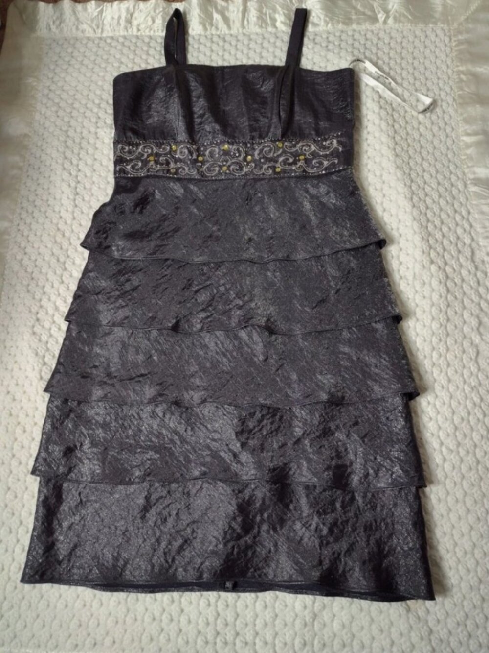 David's Bridal Hammered Shimmer Jacket Evening Dress Tiered Skirt Size 10 - Picture 14 of 16